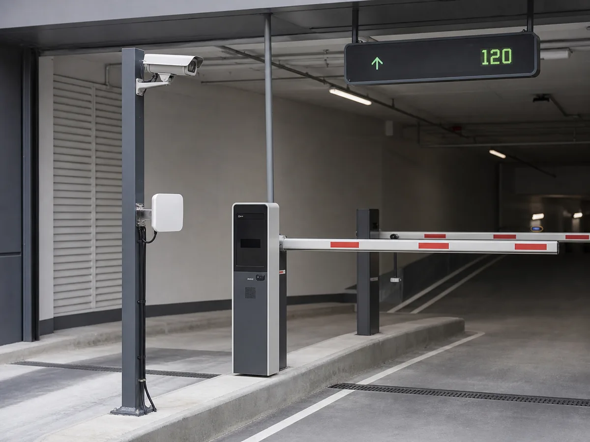 Kontrollü otopark girişi, bariyer ve yönetim noktası