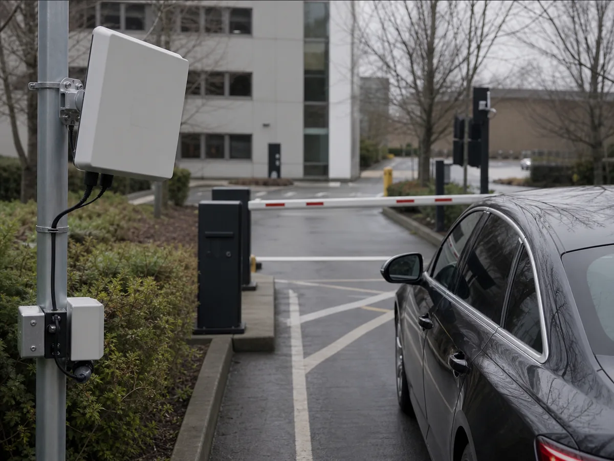 Otopark girişinde UHF araç etiketi ve uzun mesafe okuyucu