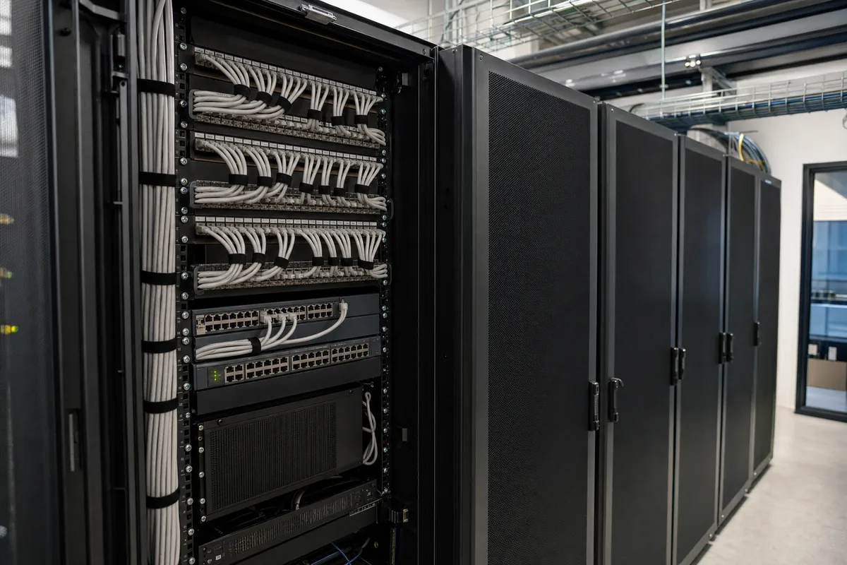 Düzenli Cat6A data kablolaması, patch panel ve network kabineti