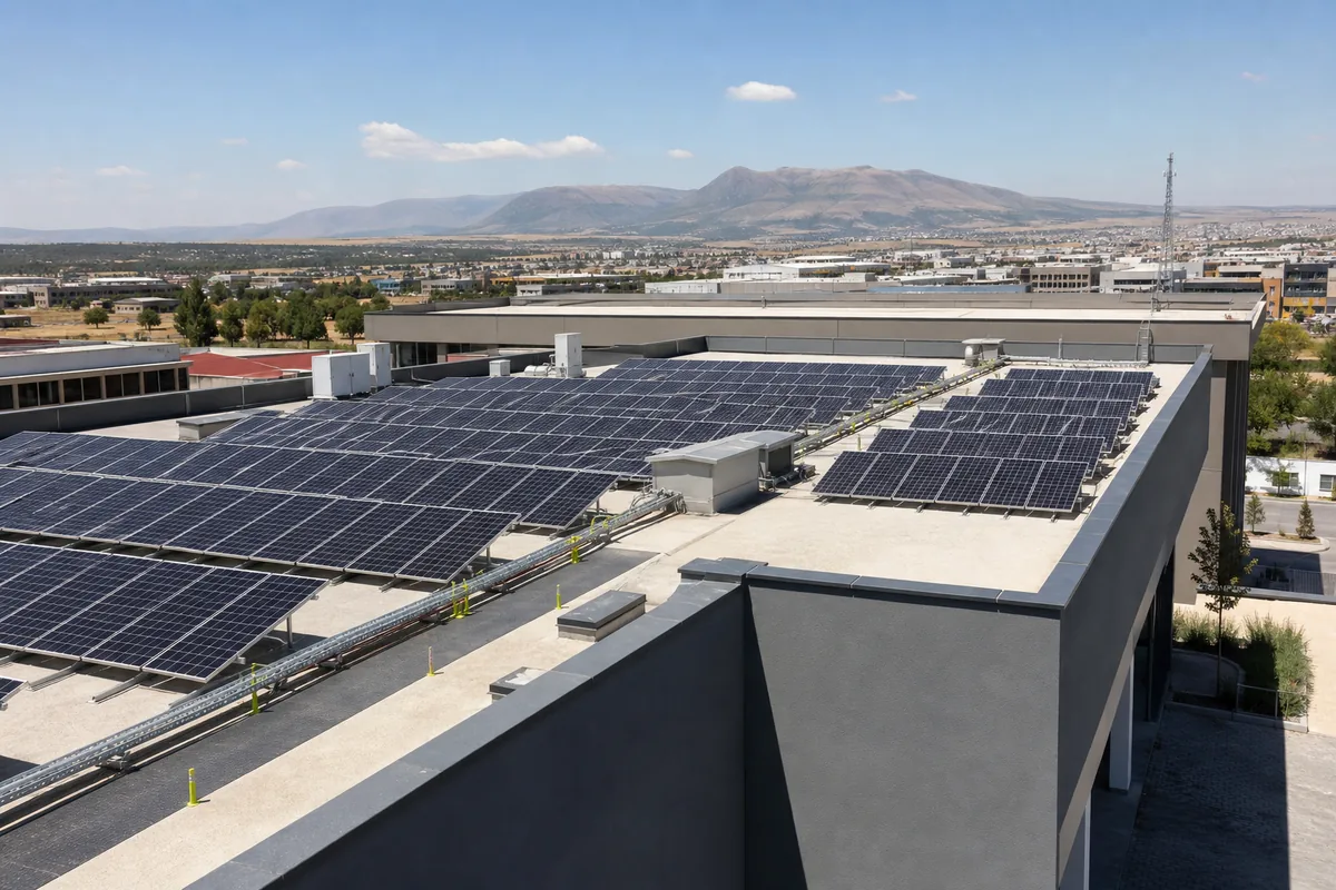 Kayseri bölgesinde ticari bir yapının çatısındaki güneş enerji sistemi